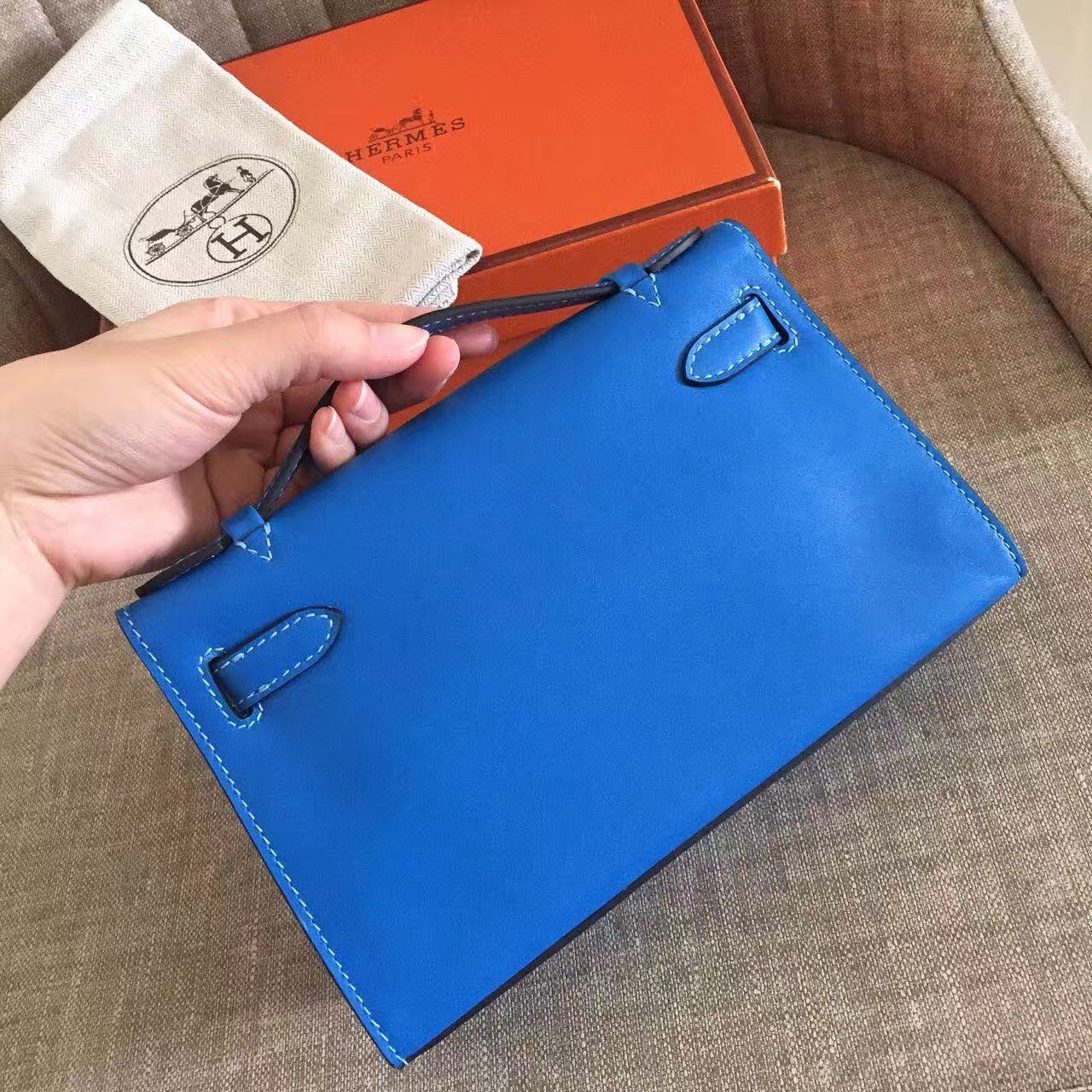 Hermes Blue Kelly Pochette Swift Handmade Bag