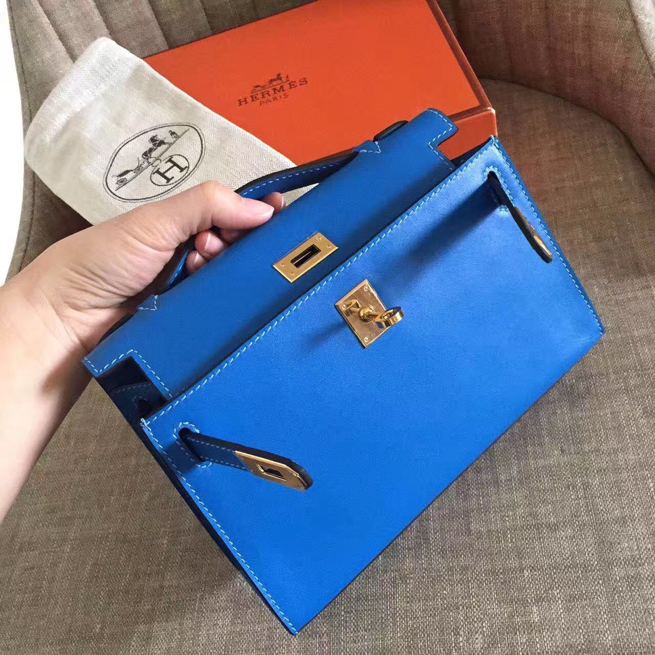 Hermes Blue Kelly Pochette Swift Handmade Bag