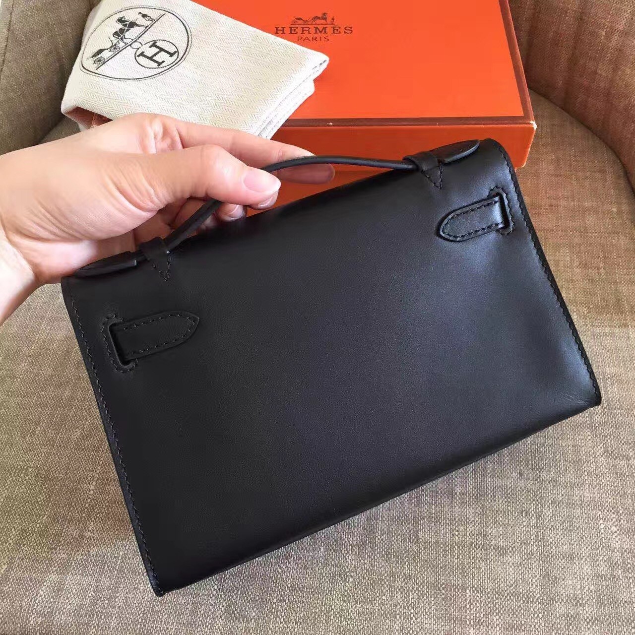 Hermes Black Kelly Pochette Swift Handmade Bag