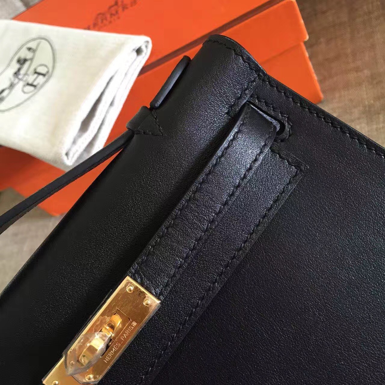 Hermes Black Kelly Pochette Swift Handmade Bag