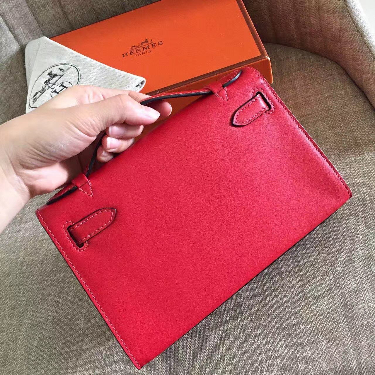 Hermes Red Kelly Pochette Swift Handmade Bag