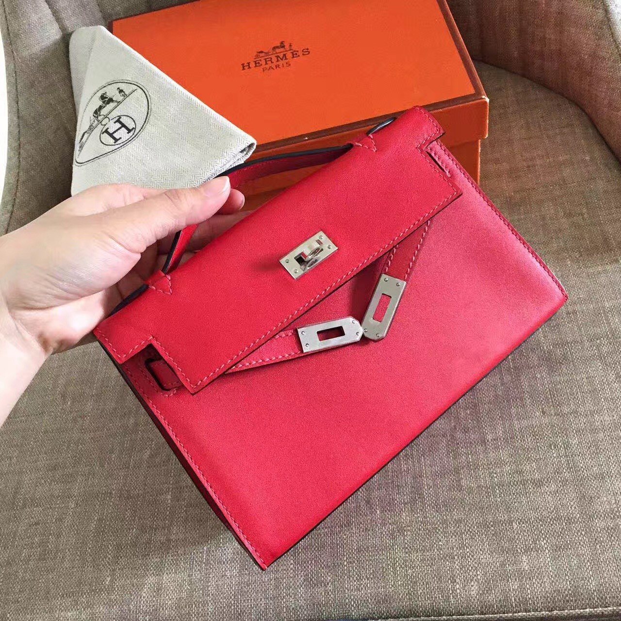 Hermes Red Kelly Pochette Swift Handmade Bag