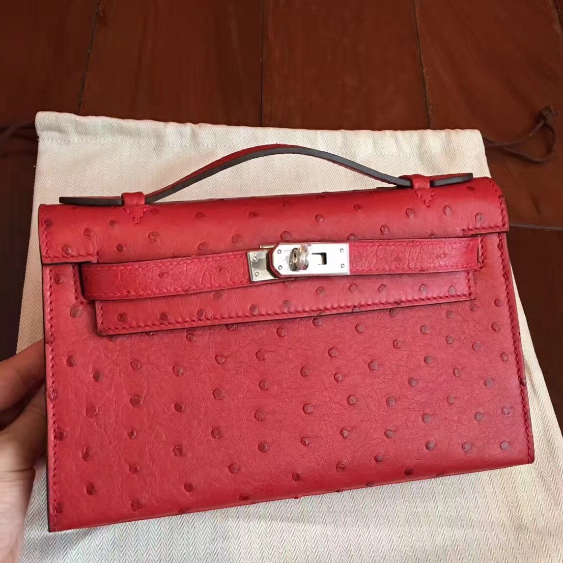 Hermes Red Kelly Pochette Ostrich Handmade Bag