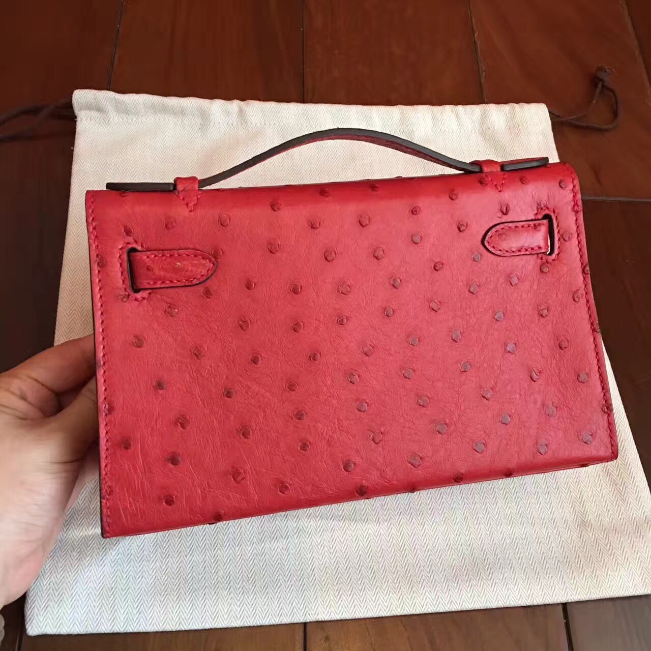 Hermes Red Kelly Pochette Ostrich Handmade Bag