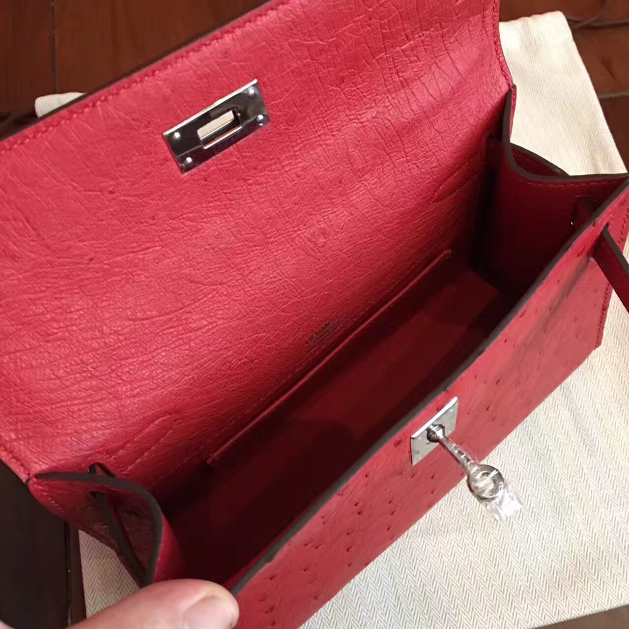 Hermes Red Kelly Pochette Ostrich Handmade Bag