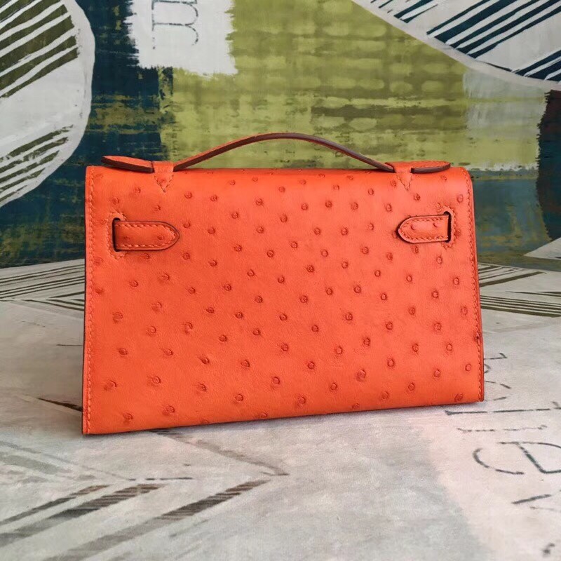 Hermes Orange Kelly Pochette Ostrich Handmade Bag