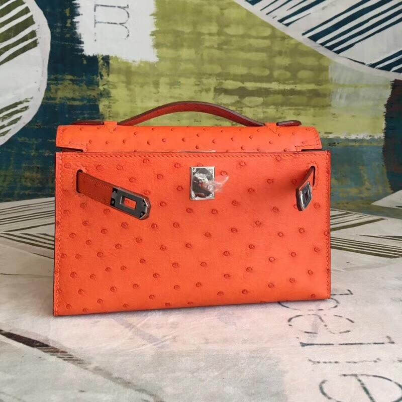 Hermes Orange Kelly Pochette Ostrich Handmade Bag