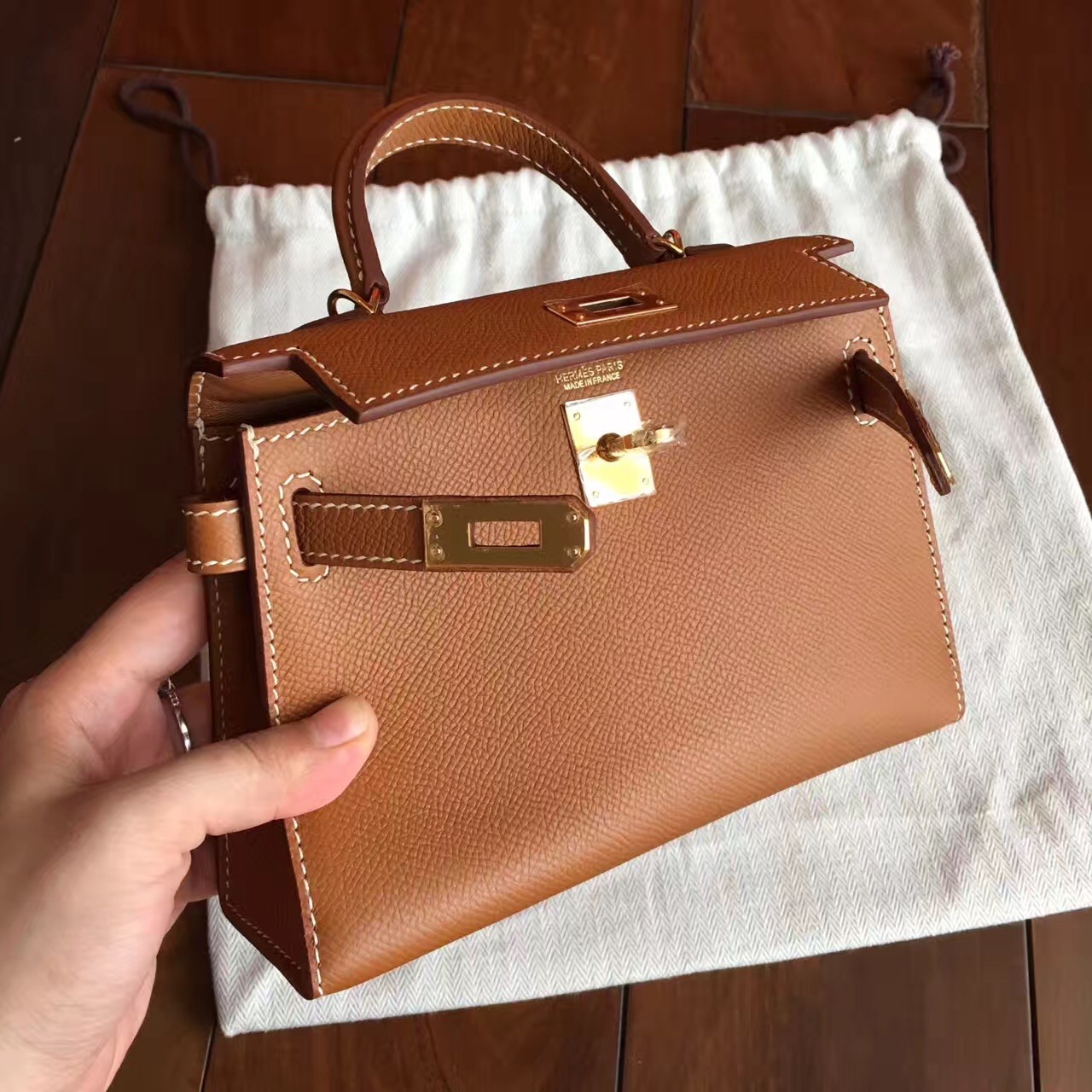 Hermes Gold Epsom Kelly Mini II Handmade Bag