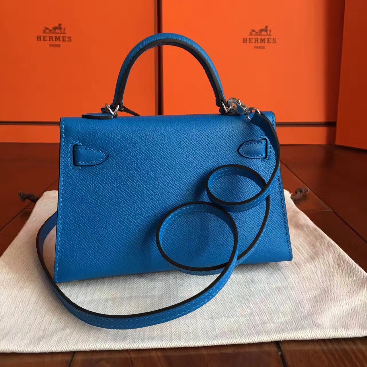 Hermes Blue Izmir Epsom Kelly Mini II Handmade Bag