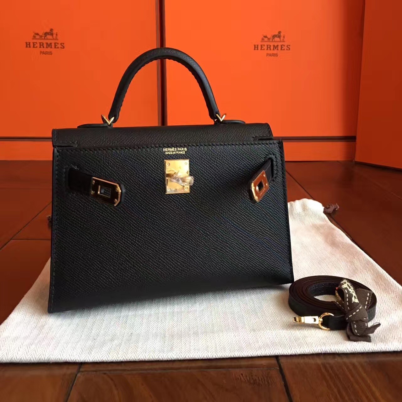 Hermes Black Epsom Kelly Mini II Handmade Bag