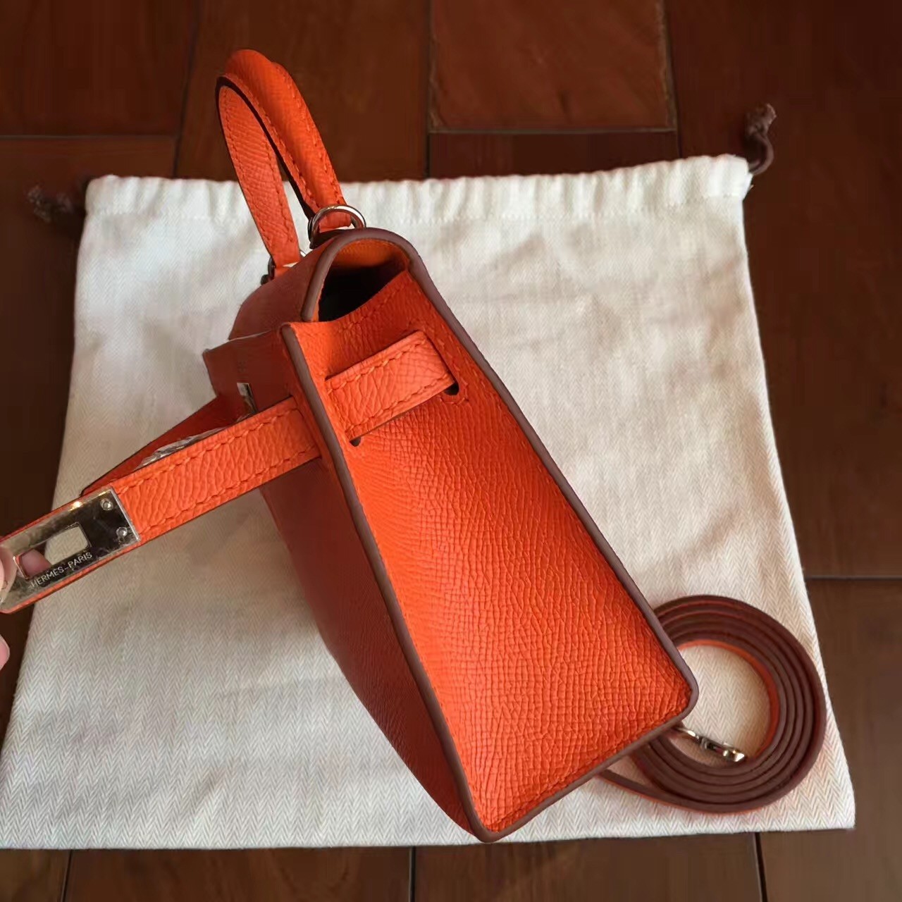 Hermes Orange Epsom Kelly Mini II Handmade Bag