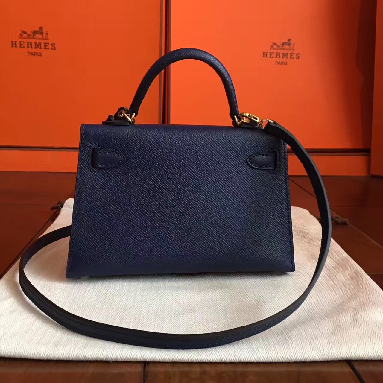 Hermes Sapphire Epsom Kelly Mini II Handmade Bag