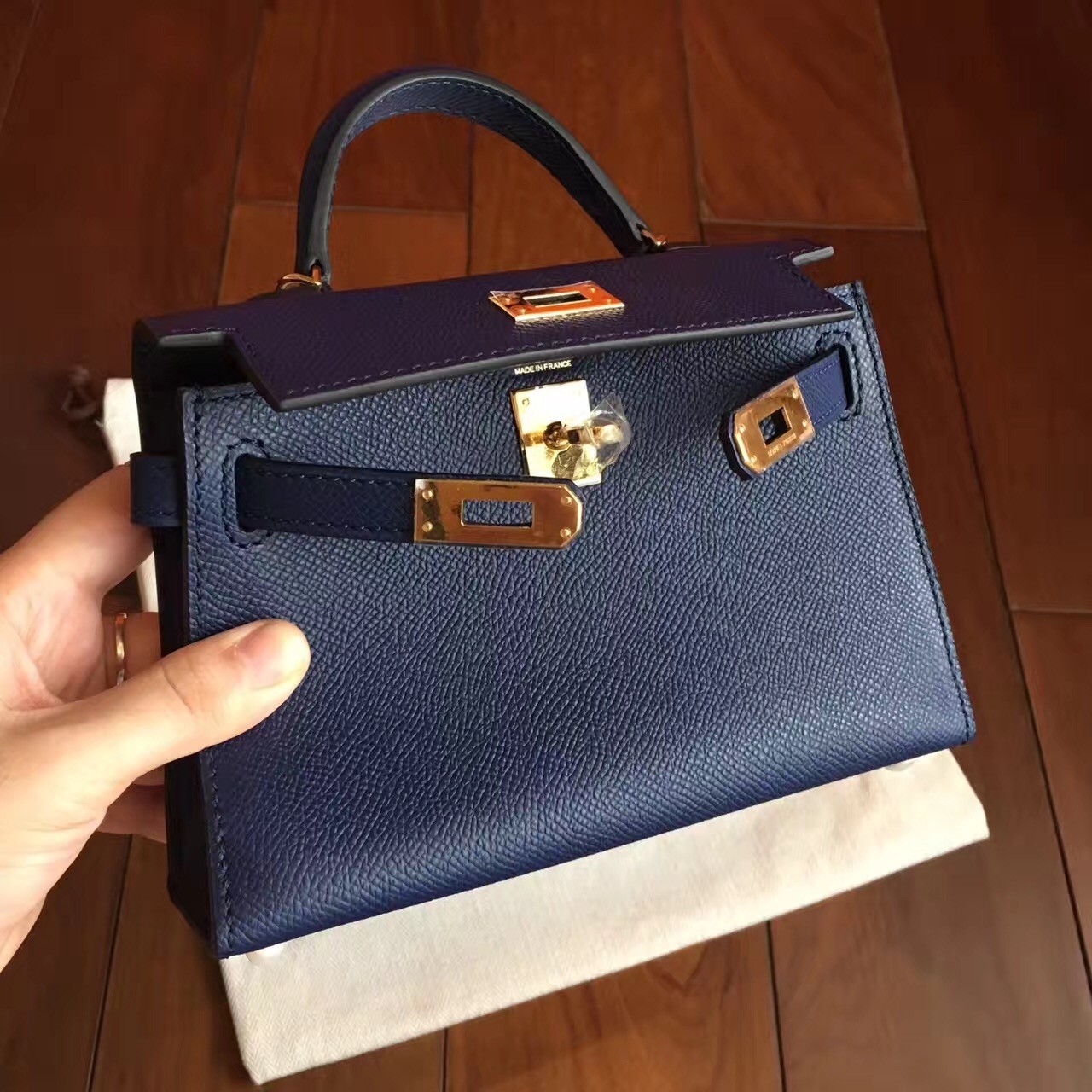 Hermes Sapphire Epsom Kelly Mini II Handmade Bag