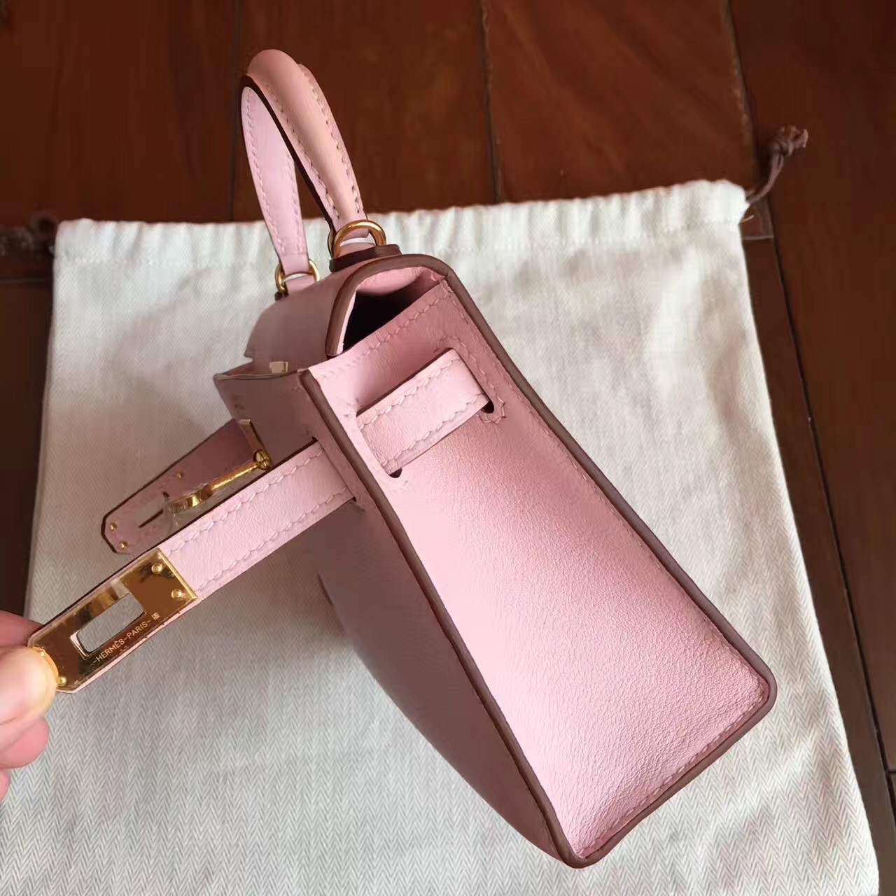 Hermes Rose Dragee Swift Kelly Mini II Handmade Bag