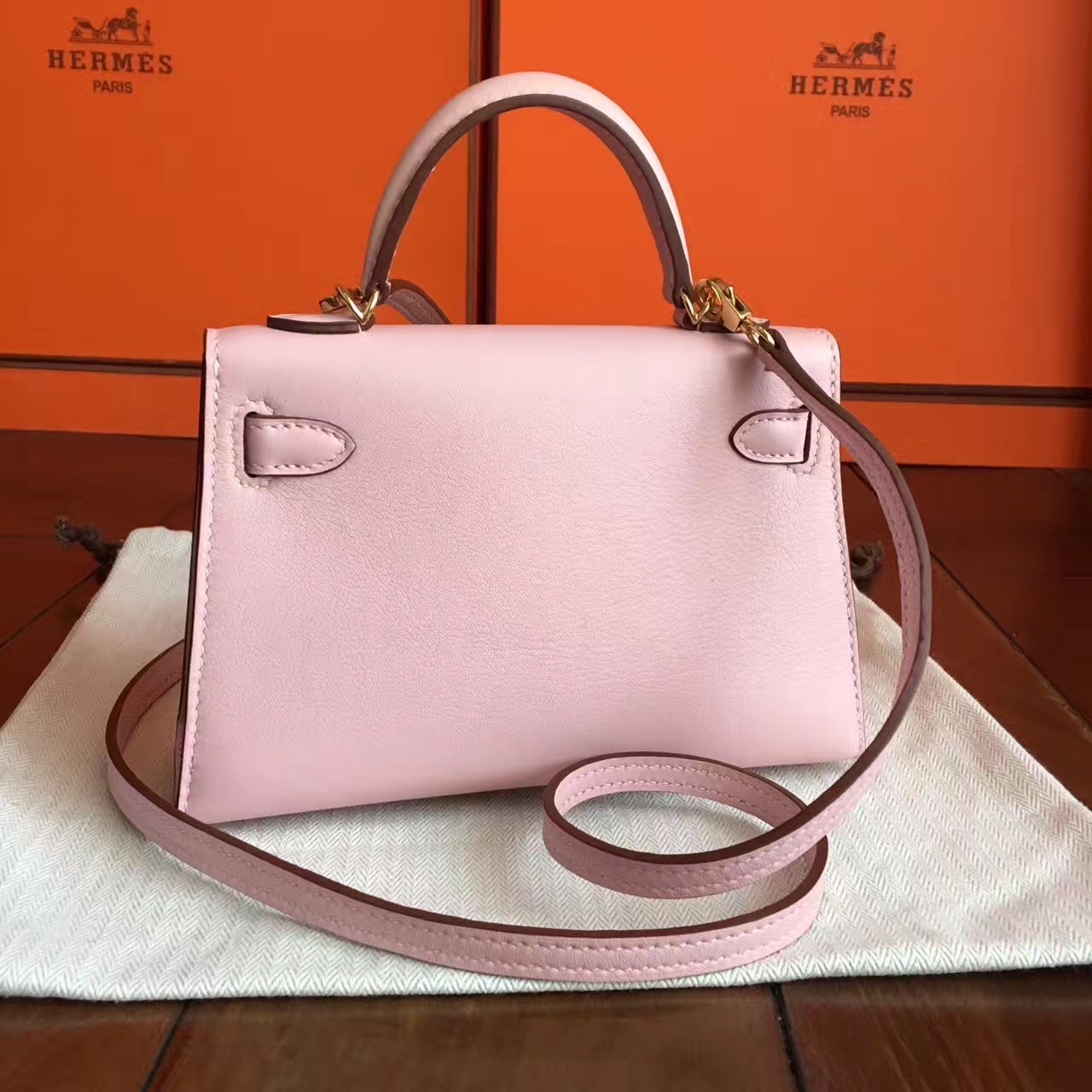 Hermes Rose Dragee Swift Kelly Mini II Handmade Bag