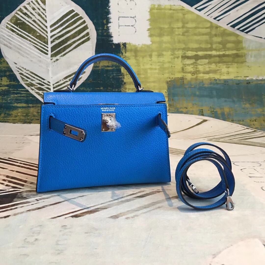 Hermes Blue Chevre Kelly Mini II Handmade Bag