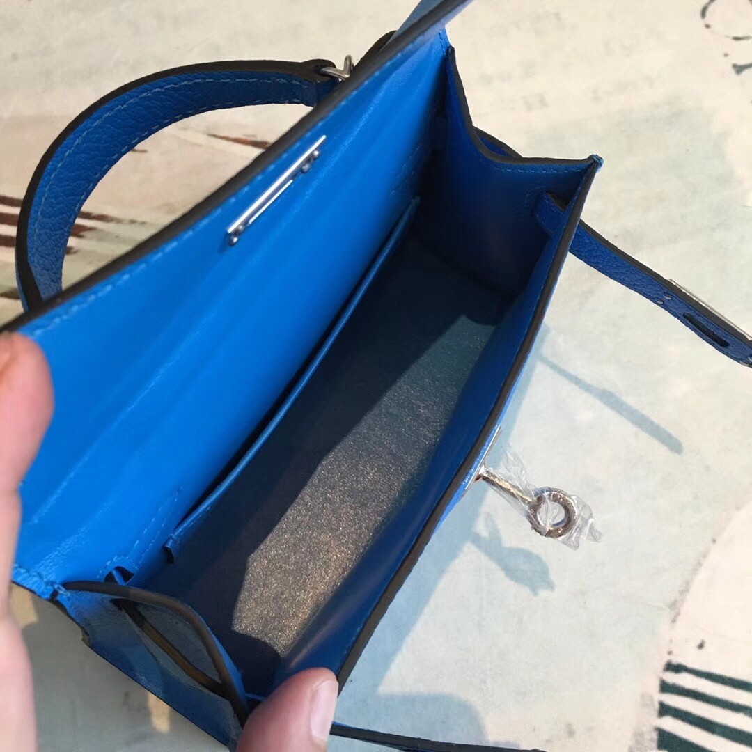 Hermes Blue Chevre Kelly Mini II Handmade Bag