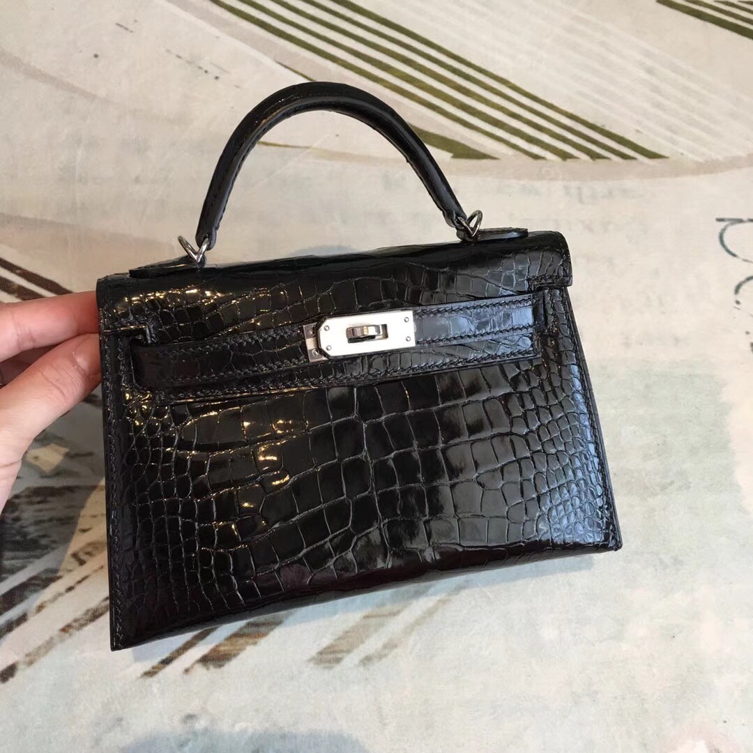 Hermes Black Alligator Kelly Mini II Handmade Bag