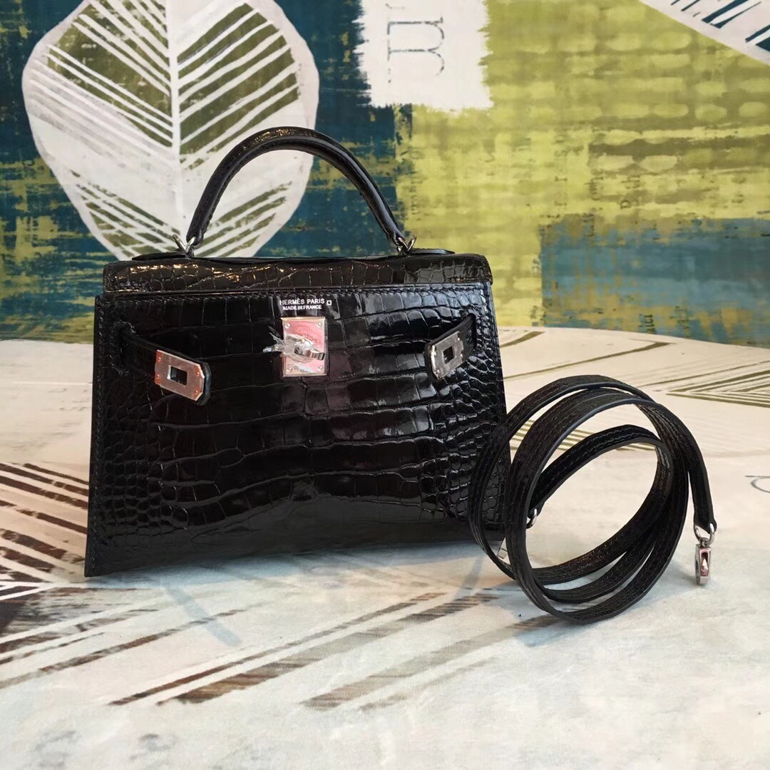 Hermes Black Alligator Kelly Mini II Handmade Bag