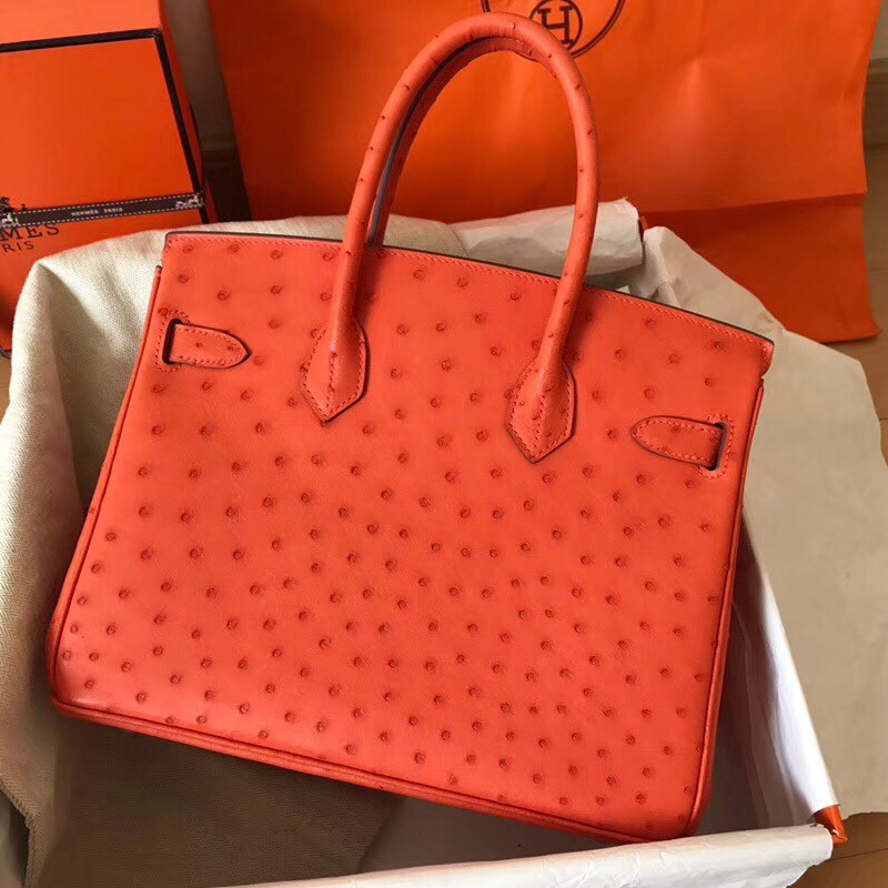 Hermes Orange Birkin 30cm Ostrich Handmade Bag