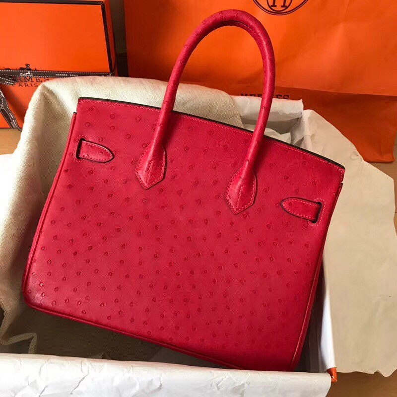 Hermes Red Birkin 30cm Ostrich Handmade Bag