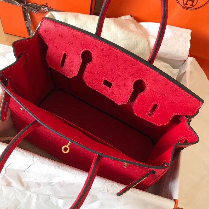 Hermes Red Birkin 30cm Ostrich Handmade Bag