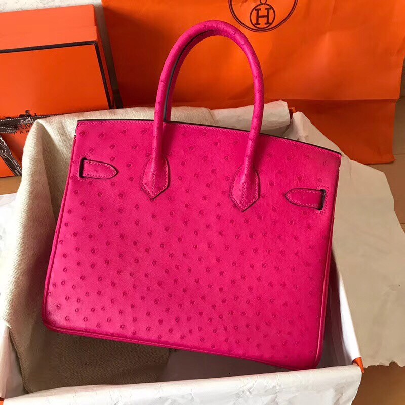 Hermes Rose Red Birkin 30cm Ostrich Handmade Bag