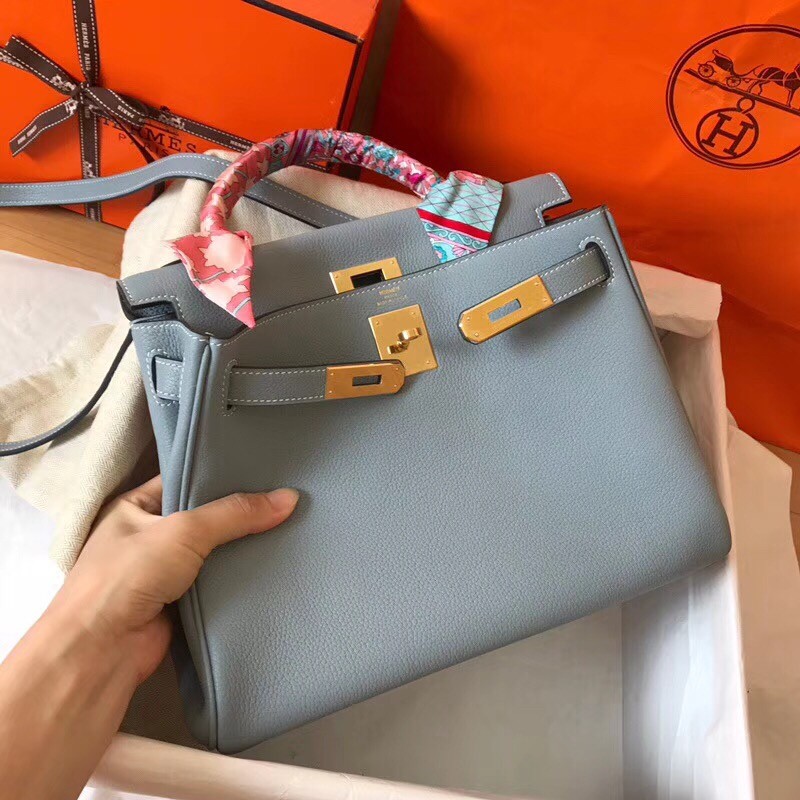 Hermes Blue Lin Clemence Kelly 28cm Handmade Bag