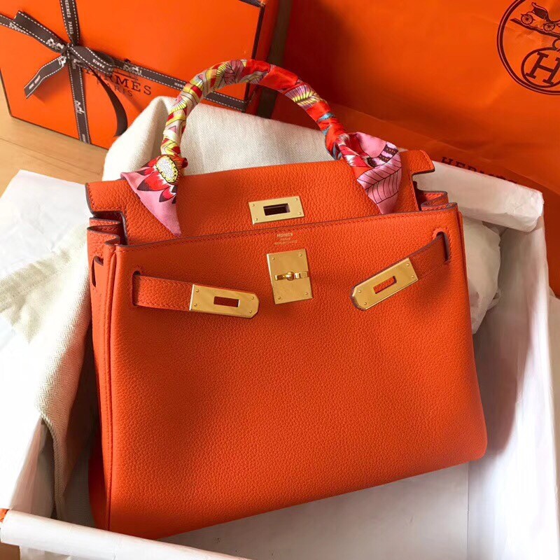 Hermes Orange Clemence Kelly 28cm Handmade Bag