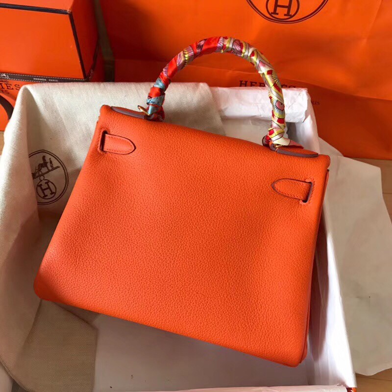 Hermes Orange Clemence Kelly 28cm Handmade Bag