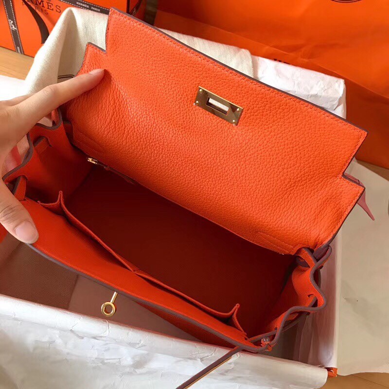 Hermes Orange Clemence Kelly 28cm Handmade Bag