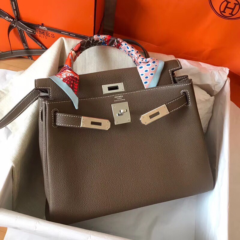 Hermes Taupe Clemence Kelly 28cm Handmade Bag