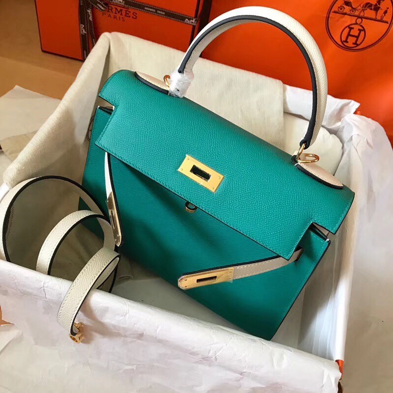 Hermes Bicolor Epsom Kelly 28cm Malachite Handmade Bag