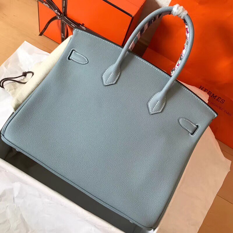 Hermes Blue Lin Birkin 35cm Clemence Handmade Bag