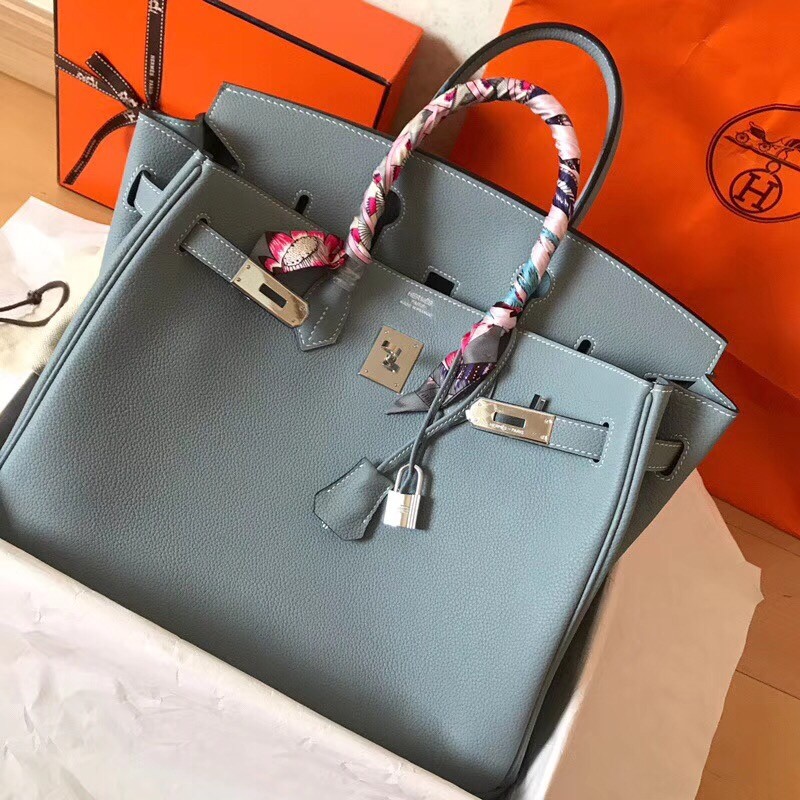 Hermes Blue Lin Birkin 35cm Clemence Handmade Bag