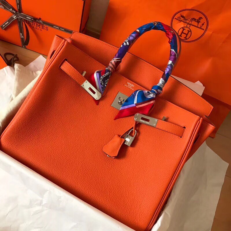 Hermes Orange Birkin 35cm Clemence Handmade Bag