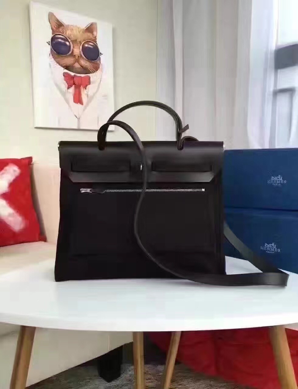 Hermes Herbag Zip PM 31cm Bag In Black Canvas