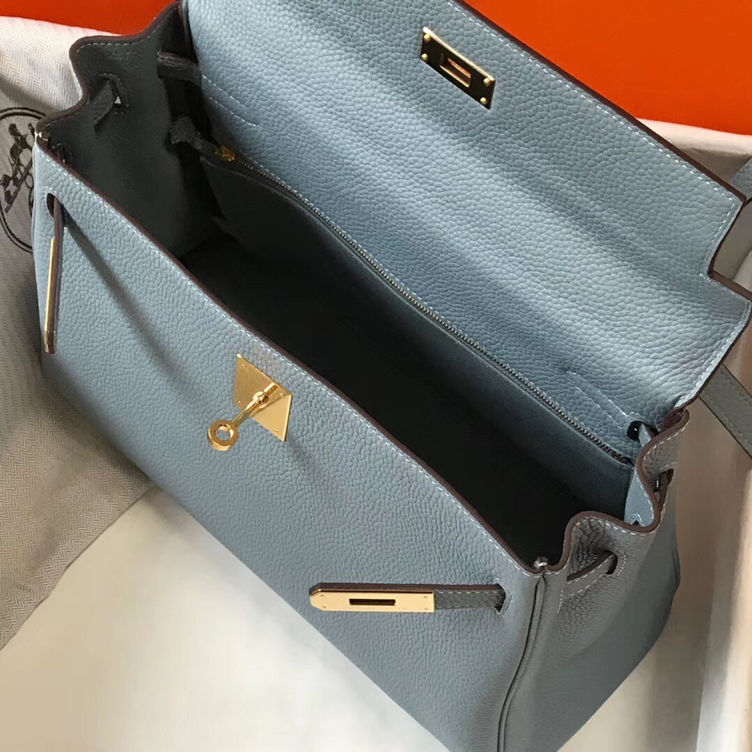 Hermes Blue Lin Clemence Kelly 32cm Retourne Bag