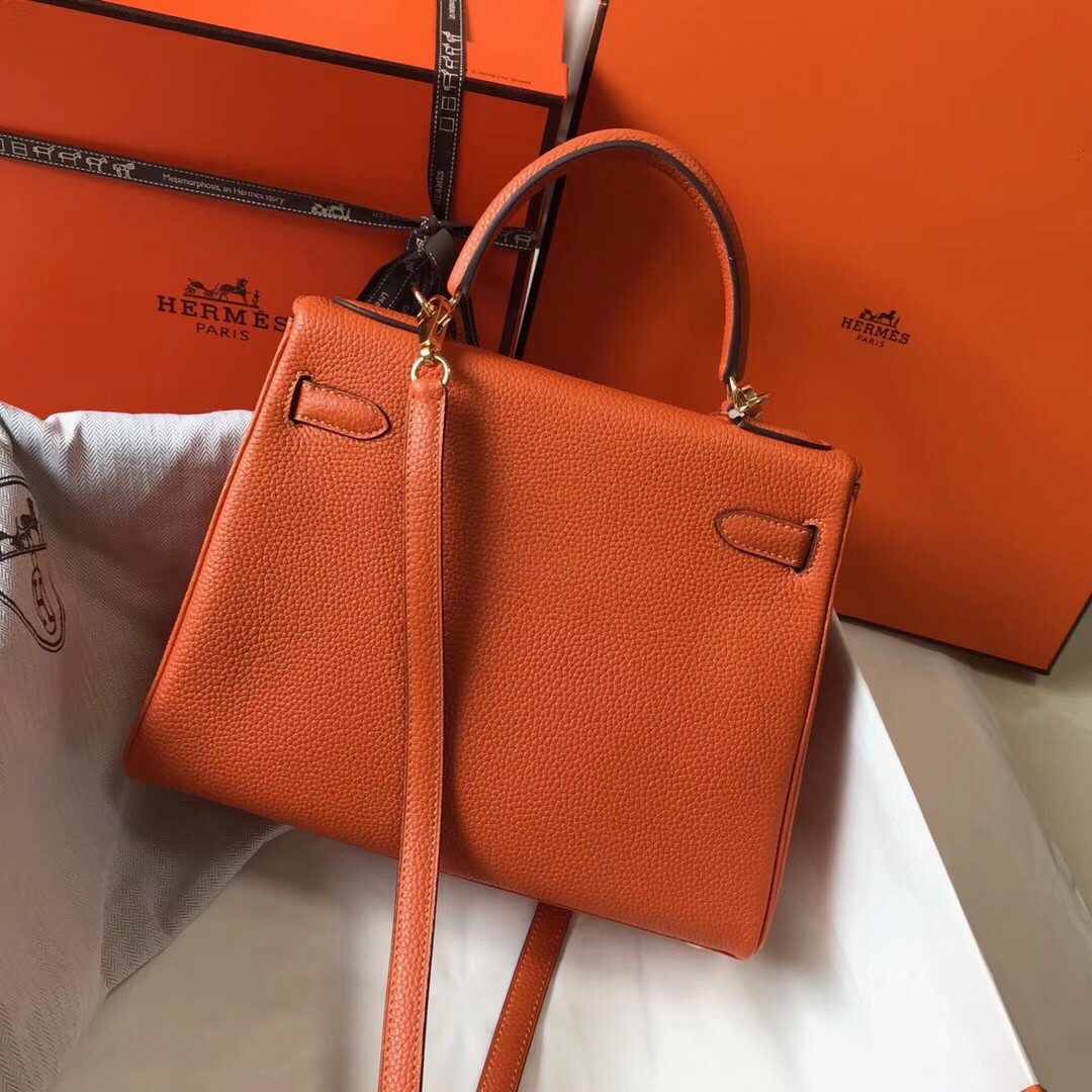 Hermes Orange Clemence Kelly 28cm Bag