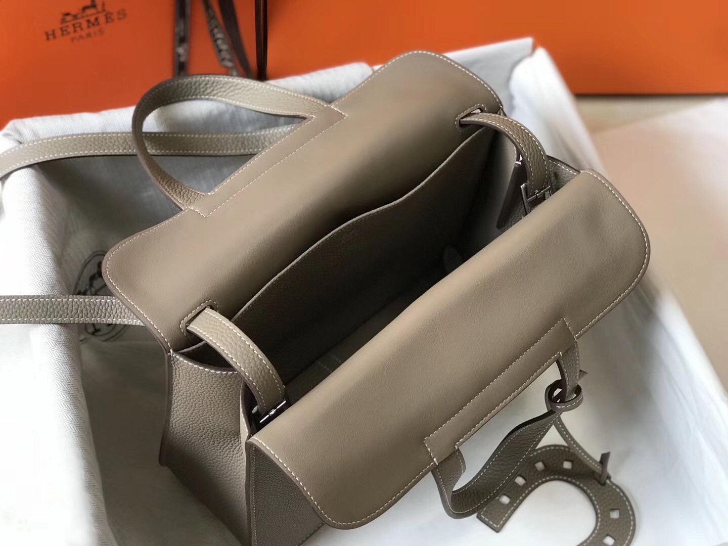 Hermes Halzan Bag In Grey Clemence Leather