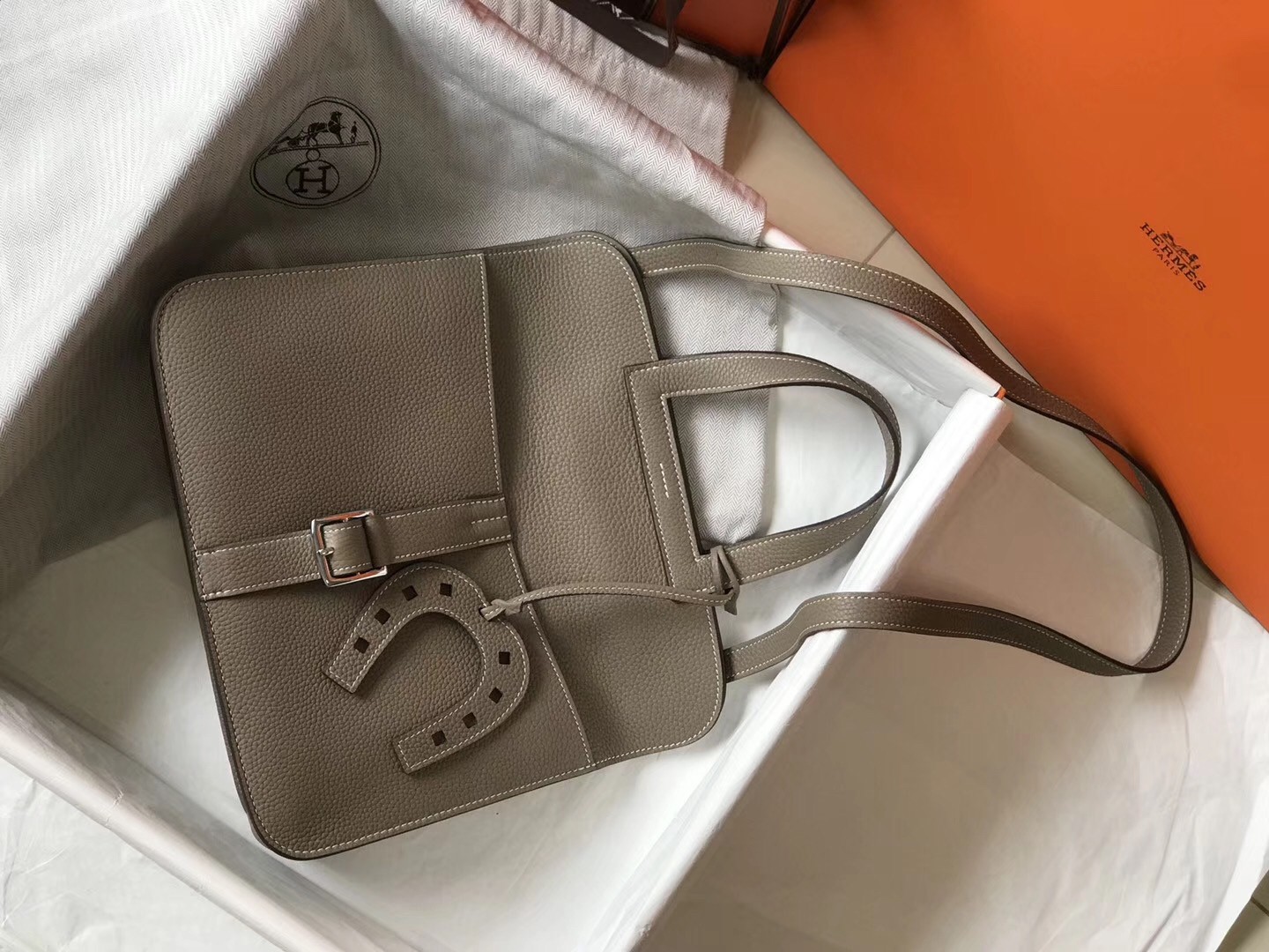 Hermes Halzan Bag In Grey Clemence Leather