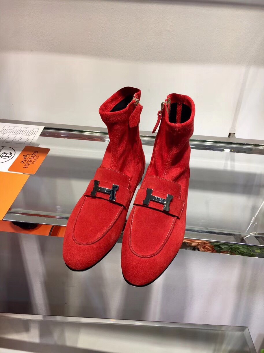 Hermes Red Suede Saint Honore Ankle Boots