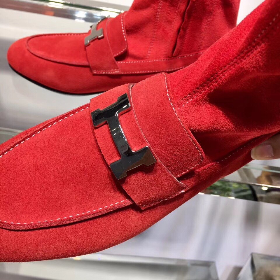 Hermes Red Suede Saint Honore Ankle Boots