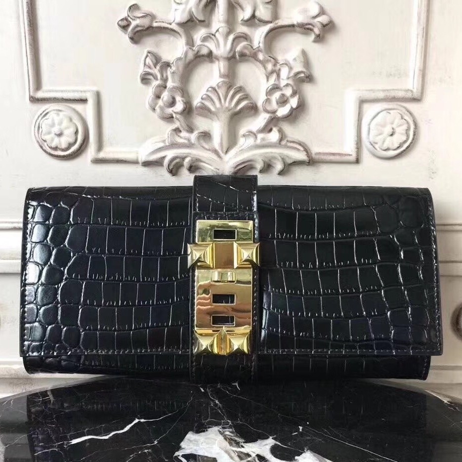 Hermes Medor Clutch Bag In Black Crocodile Leather