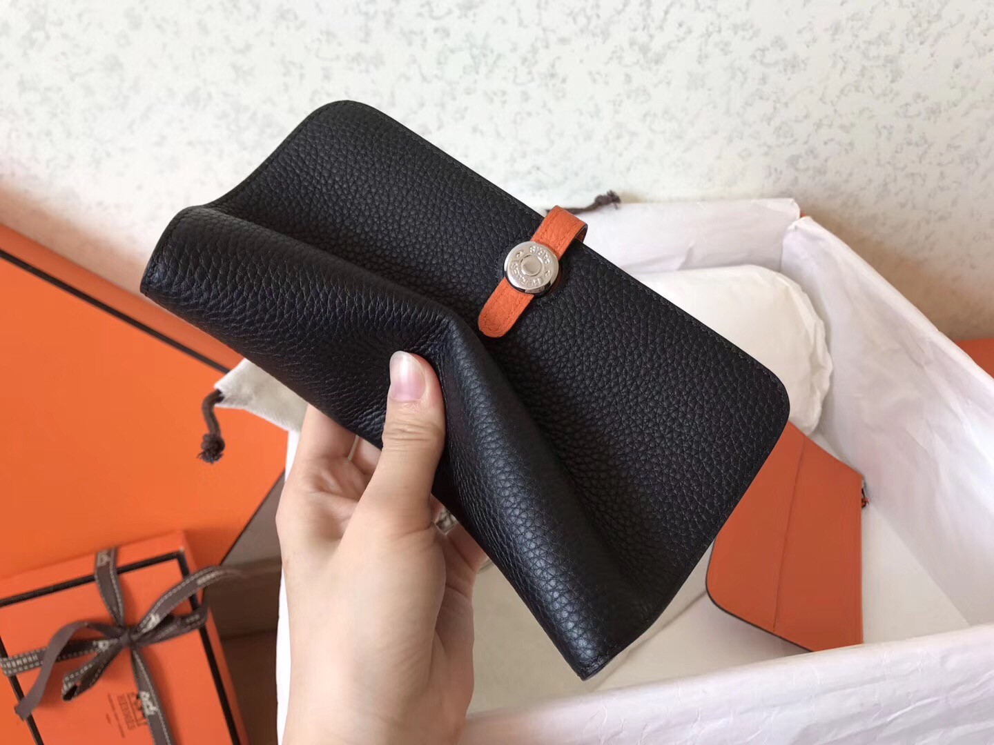 Hermes Bicolor Dogon Duo Wallet In Black/Orange Leather