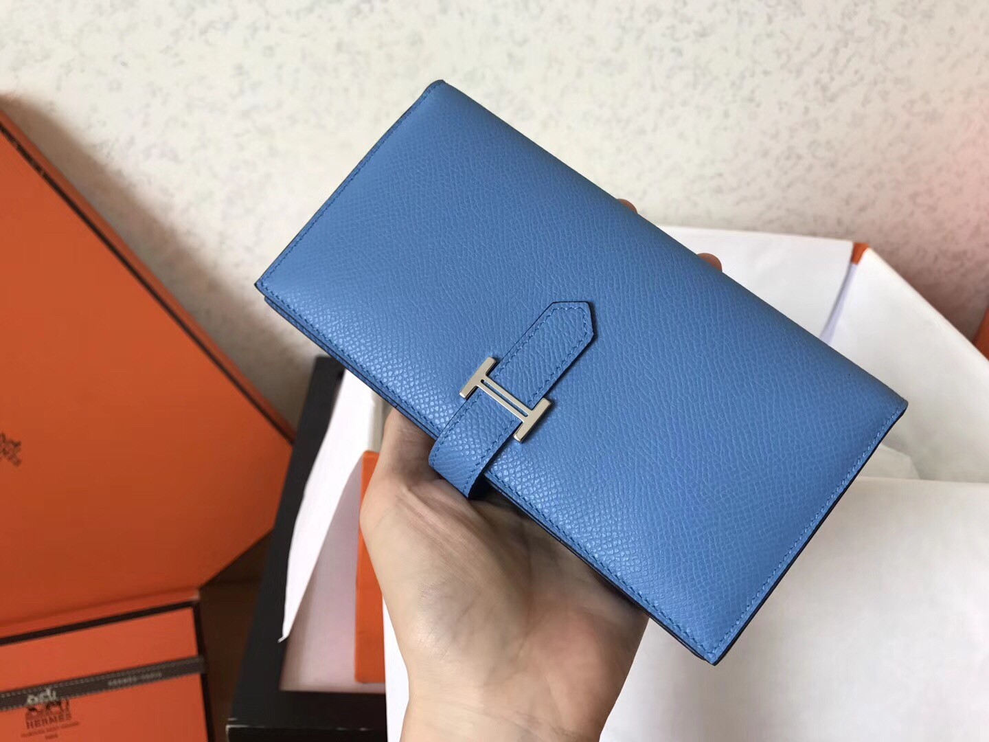 Hermes Blue Jean Epsom Bearn Gusset Wallet