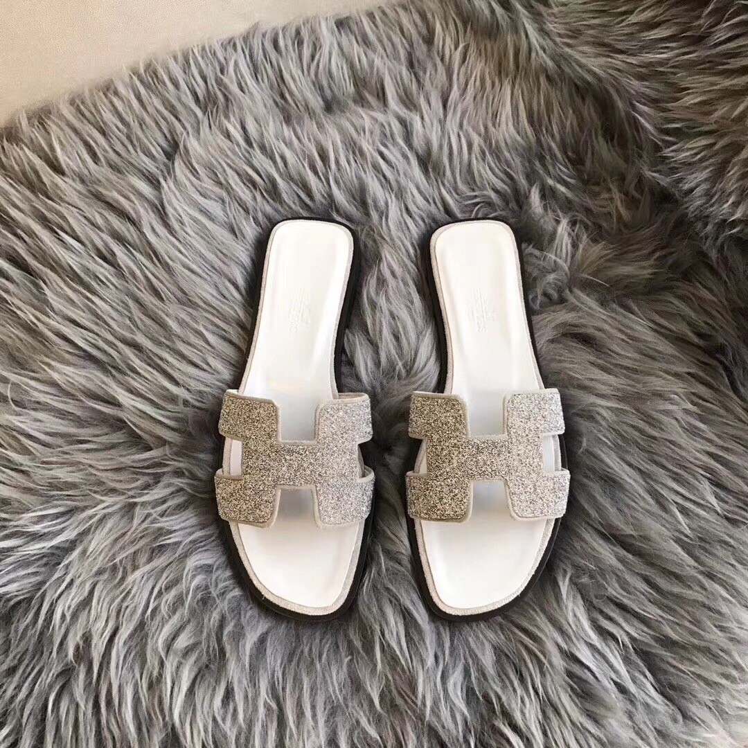 Hermes Oran Sandals In White Suede With Crystal