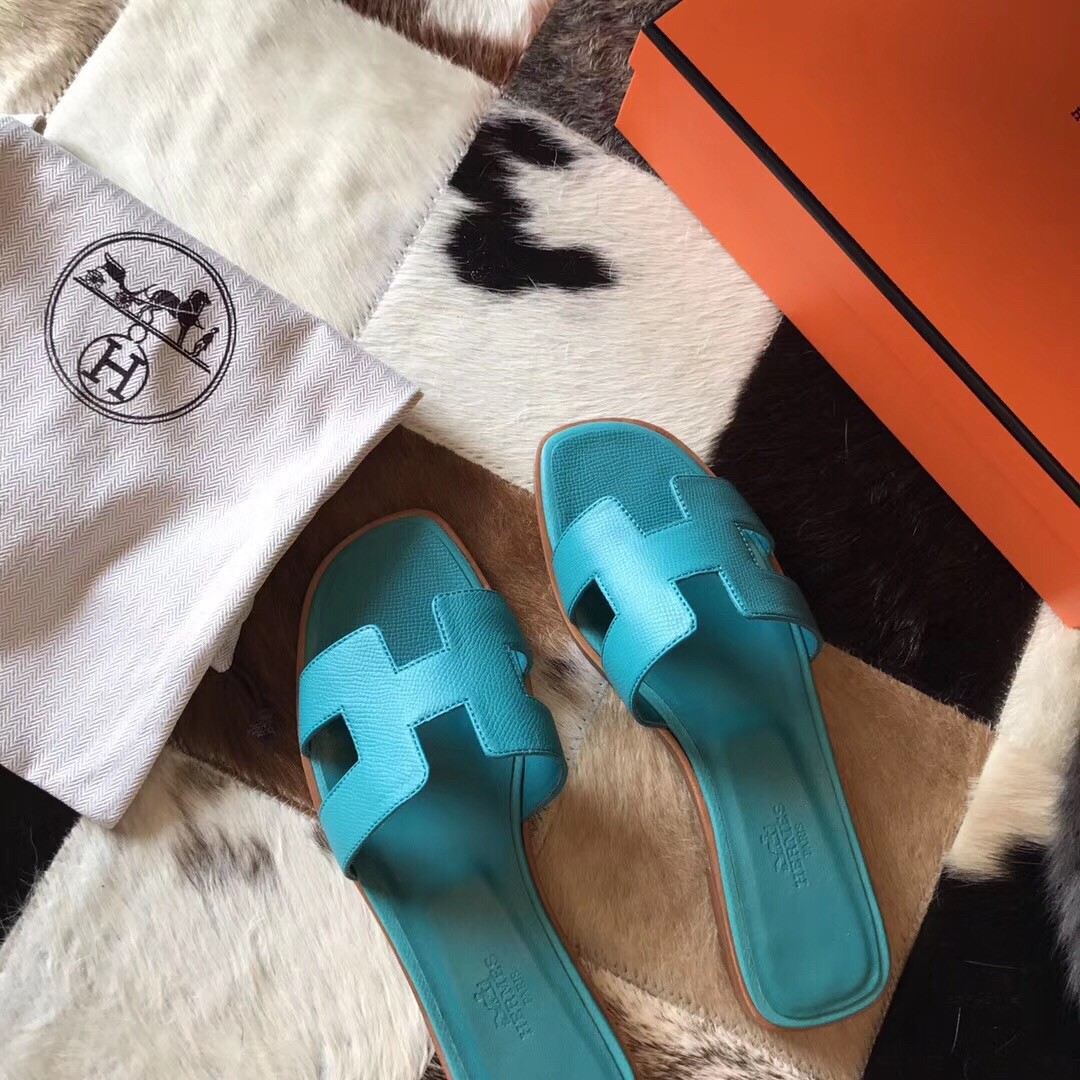 Hermes Oran Sandals In Blue Paon Epsom Leather