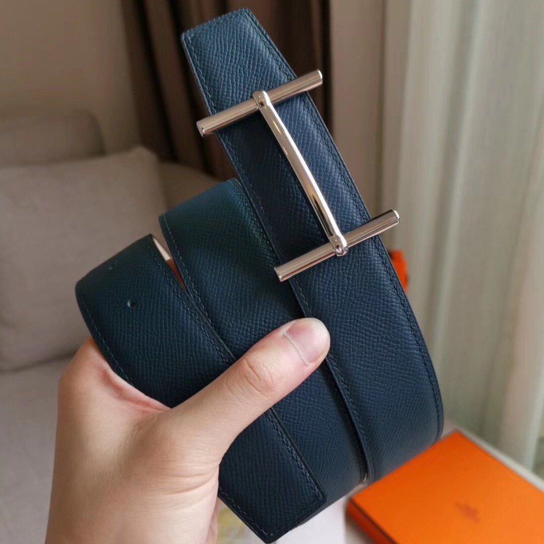 Hermes H d'Ancre Reversible Belt In Blue/White Epsom Leather