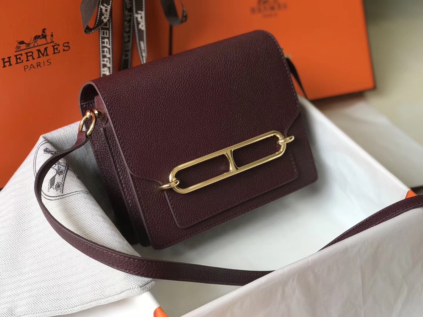 Hermes Mini Sac Roulis 18cm Bag In Burgundy Evercolor Calfskin